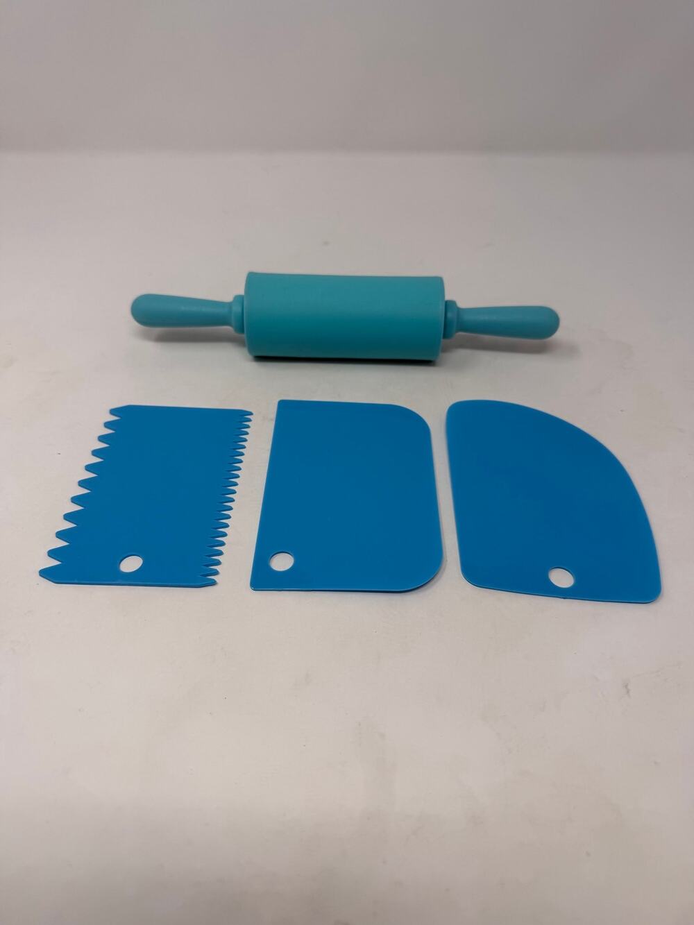 Blue Mini 9" Rolling Pin and Three Cake Scrapers 4 1/4"